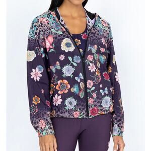 JOHNNY WAS Joy Vanda Zip-Up Windbreaker Jacket Floral Purple Hood Sz Medium